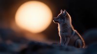 Silhouette of lone wolf pup sitting against dramatic sunset sky, backlit fur glowing in golden hour light creates mystical wilderness atmosphere.