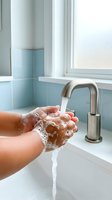 Person washing hands with soap and water at modern bathroom sink for hygiene and health protection against germs and bacteria.