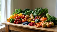 Fresh organic vegetables and fruits arranged on rustic wooden table by window. Healthy eating, farm to table concept for nutrition and wellness lifestyle.