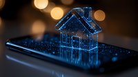 Glowing blue holographic house model floating above smartphone screen with bokeh lights background, representing smart home technology and digital real estate.