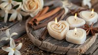 Cream-colored heart-shaped candles with cinnamon sticks and star anise on wooden surface surrounded by dried flowers and neutral botanicals for home decor and wellness styling.
