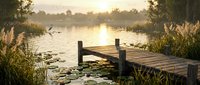 Wooden dock extending into tranquil lake at golden hour sunrise with lily pads and reeds creating peaceful waterfront scene for relaxation and nature themes.