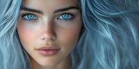 Young woman with bright blue eyes and turquoise hair looking directly at camera, close up portrait with soft lighting and ethereal atmosphere. Natural freckles and flawless skin.