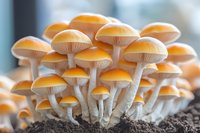 Cluster of glowing orange mushrooms growing from dark soil, showcasing delicate gills and stems in soft lighting. Macro photography captures intricate natural details.