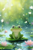 Smiling green frog sitting on lily pad surrounded by pink lotus flowers and magical bokeh lights in dreamy pond setting, creating enchanting nature atmosphere.