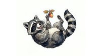 Playful raccoon lying on its back holding autumn leaves and berries, isolated on white background for design, clipart, and creative projects.