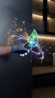 Hand in glove holding glowing neon green leaf hologram with sparks and light trails, symbolizing green energy and eco innovation.