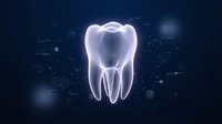 Glowing translucent tooth with roots on dark blue digital background with light particles and bokeh effects for dental healthcare technology concepts.