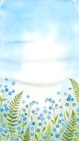 Watercolor spring meadow with blue forget-me-not flowers and green ferns under cloudy sky background for greeting cards and botanical designs.