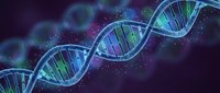 DNA double helix structure with glowing blue and green colors against dark purple background for scientific research and biotechnology applications.