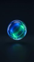 Glowing sphere with blue and green neon energy swirling inside transparent glass orb on dark background. Use for tech, science, and digital design projects.