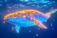 Luminous whale swimming underwater with glowing orange and blue bioluminescent effects surrounded by bubbles in deep ocean environment for fantasy artwork.