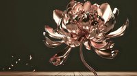 Luxurious rose gold metallic chrysanthemum flower with reflective petals on dark background for elegant design projects and premium branding materials.