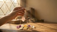 Woman practicing crystal healing therapy with rose quartz pendulum over chakra stones on wooden table in warm sunlight for meditation and wellness.