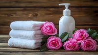 Spa wellness composition with pink roses, white folded towels and cosmetic bottle on rustic wooden background. Aromatherapy and body care concept.