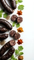 Dark blood sausage with spices and herbs on white background. Traditional meat product with paprika, cumin and parsley for culinary and cooking projects.