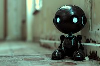 Cute black robot with glowing blue eyes sitting alone against wall in moody atmospheric lighting, creating emotional sci-fi scene for technology and AI concepts.