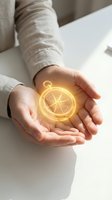 Woman hands holding glowing golden compass hologram representing guidance, direction and navigation in business and life decisions.