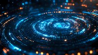 Glowing spiral of blue digital particles and orange light dots forming futuristic vortex pattern against dark background, abstract technology concept for presentations.