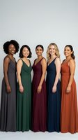 Five diverse women in elegant floor-length dresses standing together, wearing gray, green, burgundy, navy and orange gowns for formal events and celebrations.