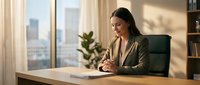 Professional businesswoman working at modern office desk with city view, natural lighting creating productive workspace atmosphere for corporate success.