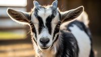 Young black and white goat kid with alert expression looking at camera in farm setting. Domestic livestock animal portrait for agricultural content.