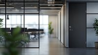 Modern office interior with glass walls, dark door and green plants creating professional atmosphere. Natural light streams through windows illuminating empty workspace.