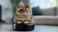 Fluffy brown tabby kitten sitting on robotic vacuum cleaner in modern living room, looking curious and playful against blurred interior background.