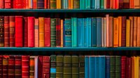 Colorful vintage hardcover books arranged on wooden library shelves create vibrant rainbow pattern, showcasing classic literature collection and academic knowledge.