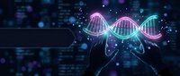 Digital DNA helix with glowing neon colors emerging from futuristic device against dark tech background for genetic research and biotechnology concepts.