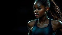 Young African American female athlete in black sports tank top with dreadlocks hairstyle against dark background, dramatic lighting highlights strong shoulders.