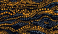 Aboriginal dot painting style pattern with flowing waves in orange and blue dots on dark background for cultural textile design.
