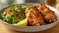 Grilled chicken breast with herbs served alongside fresh green salad with tomatoes and lemon wedge on ceramic plate, perfect for healthy meal preparation.
