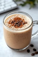 Creamy mocha latte topped with cocoa powder and chocolate shavings in clear glass mug on white surface, with scattered coffee beans for decoration.