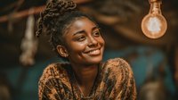 Young African American woman with braided hair smiling warmly in cozy indoor setting with vintage light bulb creating atmospheric mood for lifestyle content.