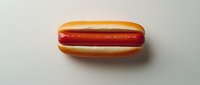Hot dog with red sausage in fresh bun on light background, top view. Classic American fast food isolated on neutral surface for menu design and advertising.