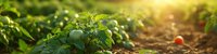 Fresh green tomato plants growing in garden soil at sunset, sunlight streaming through leaves creating natural lens flare and bokeh effect in organic farm.