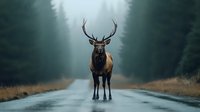 Majestic bull elk standing on misty forest road at dawn, powerful antlers silhouetted against foggy pine trees, creating dramatic wildlife atmosphere.