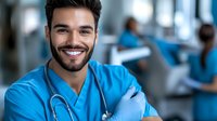 Young Hispanic male medical professional in blue scrubs and stethoscope smiling confidently at camera in hospital setting, representing healthcare workers and medical staff.