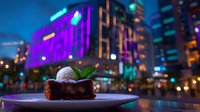 Chocolate brownie dessert with vanilla ice cream and mint leaf on plate against blurred urban nightscape with neon lights and bokeh background.