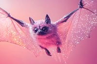 Glowing bat with sparkling wings flying against pink gradient background, isolated digital artwork suitable for fantasy, Halloween, and creative design projects.
