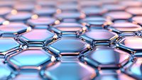 Hexagonal metallic structure with iridescent blue and pink reflections creating futuristic nano pattern. Close up view of molecular lattice with holographic effect.