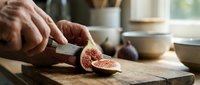 Senior male hands slicing fresh figs on wooden cutting board in bright kitchen, food preparation and cooking concept for culinary content and recipe blogs.