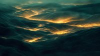 Dramatic aerial view of misty mountain valleys illuminated by golden sunlight breaking through clouds, creating ethereal landscape at sunrise.