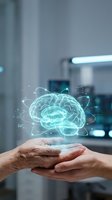 Holographic brain projection floating above cupped hands in modern medical office environment showcasing artificial intelligence and neuroscience innovation.