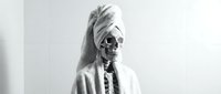 Stylized skeleton figure wearing sunglasses and casual clothing with long hair, isolated on white background for design, fashion, and artistic projects.
