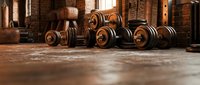 Rusty dumbbells and weights arranged on concrete floor in industrial brick warehouse gym setting with warm lighting.