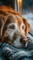 Senior golden retriever dog resting peacefully by window with raindrops, showcasing aging pet with gentle expression and warm lighting for emotional storytelling.