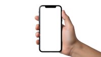 Hand holding modern smartphone with blank white screen isolated on white background for mockup and app presentation purposes.