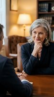 Mature woman with gray hair, Caucasian ethnicity, wearing dark blazer and pearl earrings, engaged in professional conversation across wooden desk in warm office setting with lamp and bookshelf.
